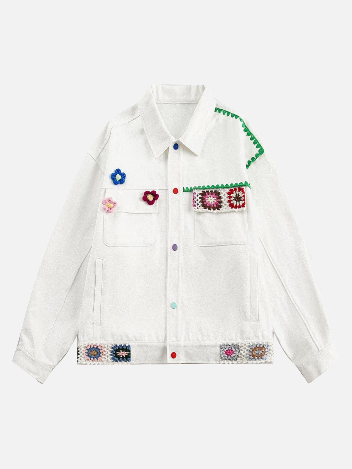 TALISHKO Handmade Floral Crochet Utility Denim Jacket