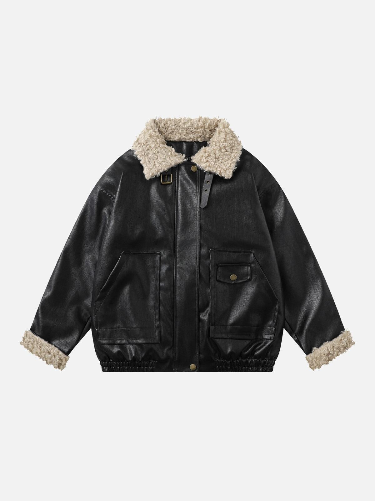 TALISHKO Plush Collar Faux Leather Jacket