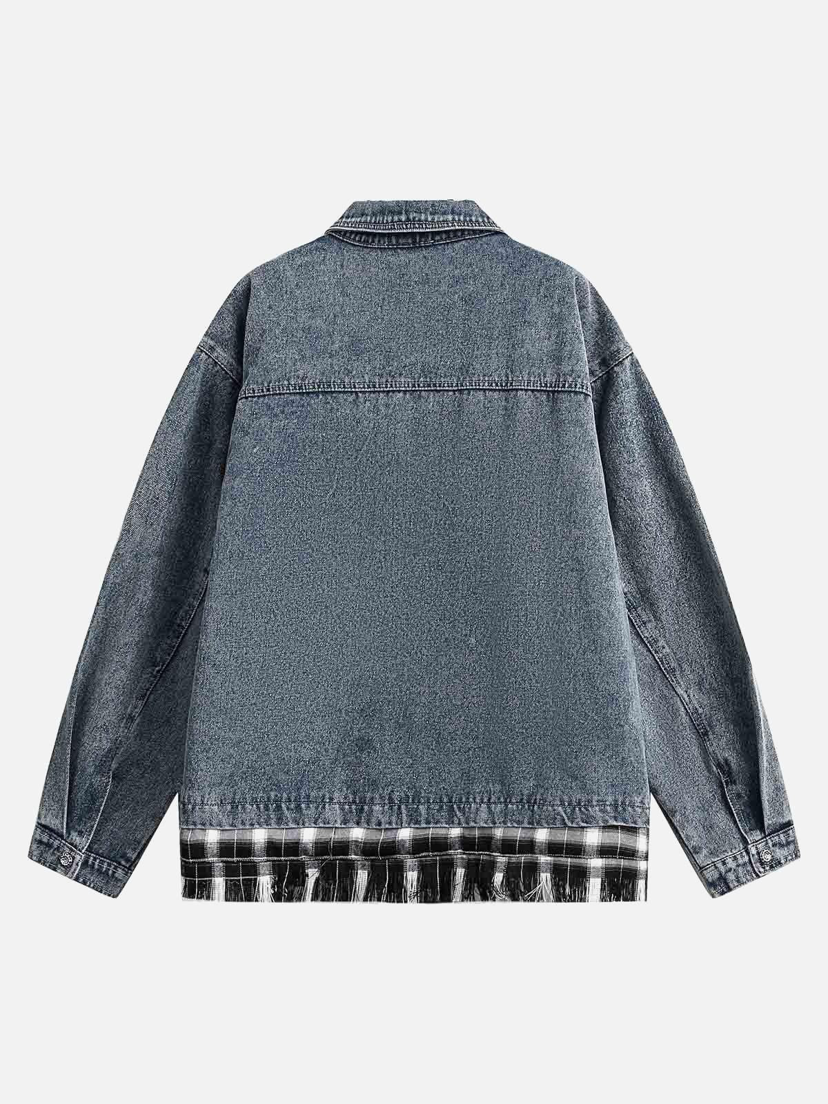 TALISHKO Washed Distressed Patchwork Faux Two-Piece Denim Jacket