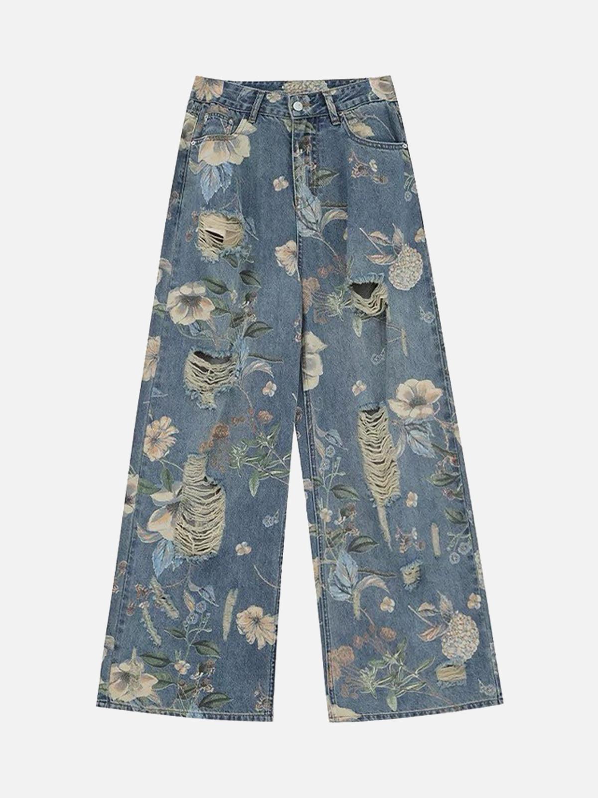 TALISHKO Vintage Washed Distressed Floral Ripped Baggy Jeans
