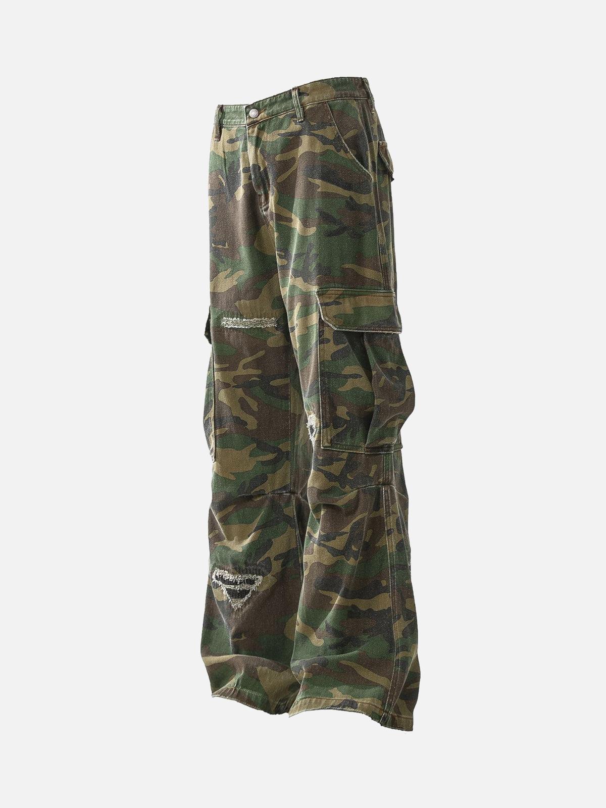 TALISHKO Ripped Camouflage Flared Cargo Pants