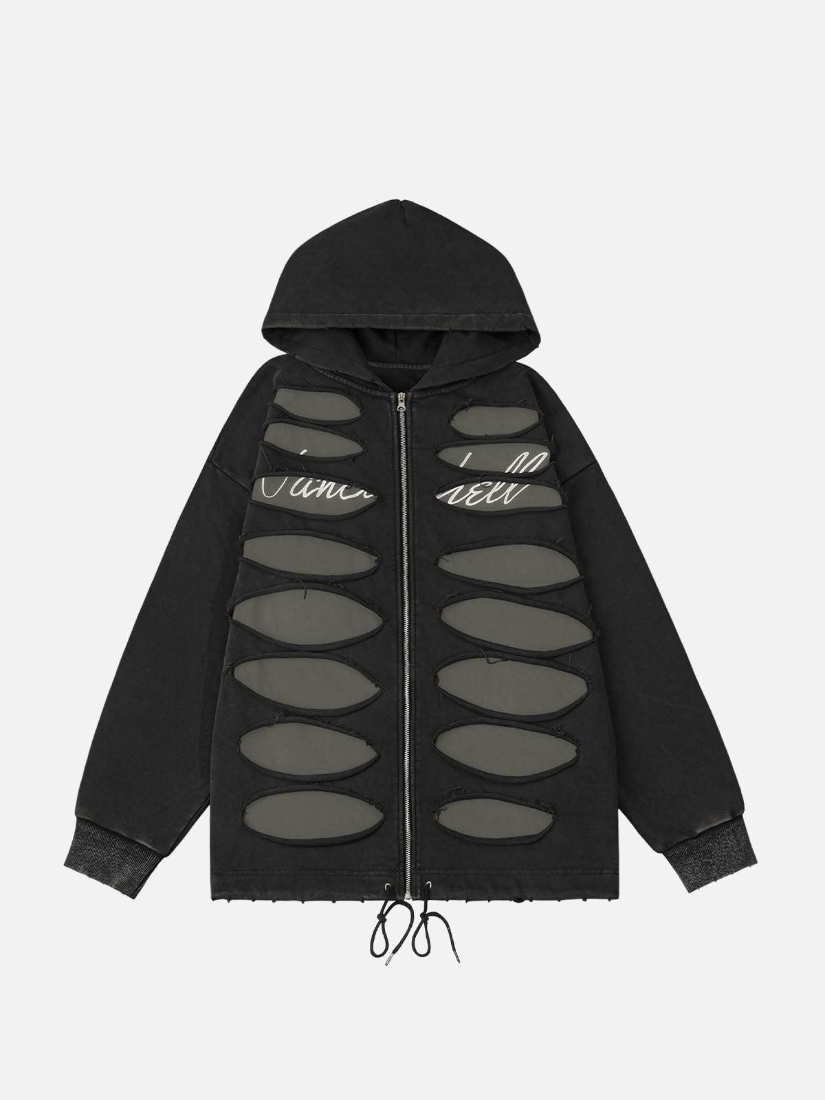 TALISHKO Ripped Drawstring Zip-Up Jacket