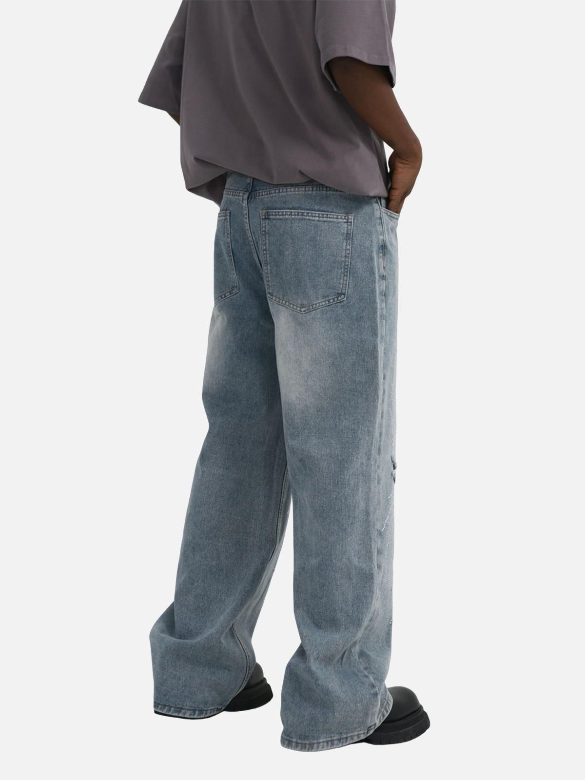 TALISHKO Hip-Hop Shining Cross Hot Diamond Distressed Washed Baggy Jeans