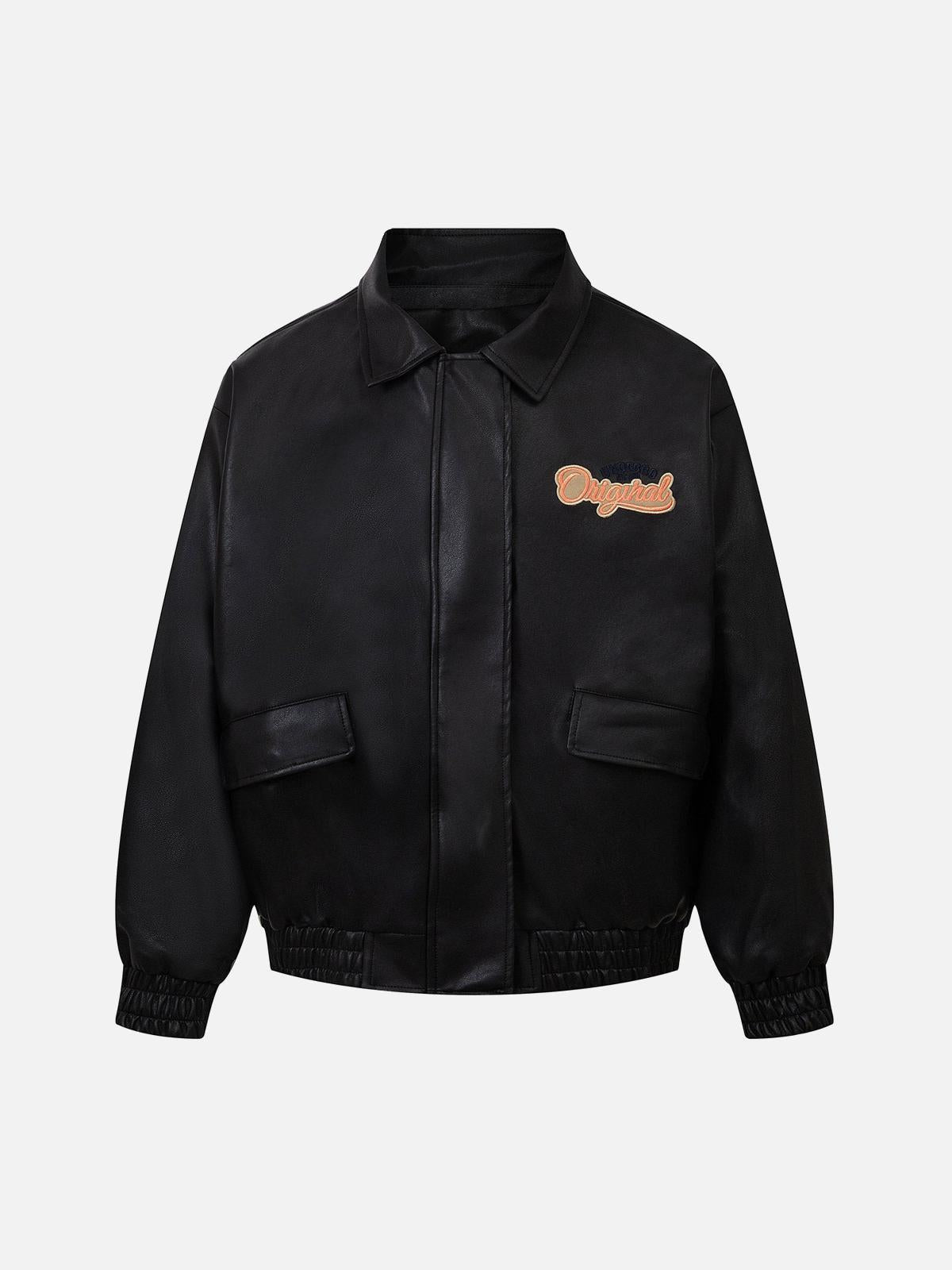TALISHKO Lettering Embroidered Leather Bomber Jacket