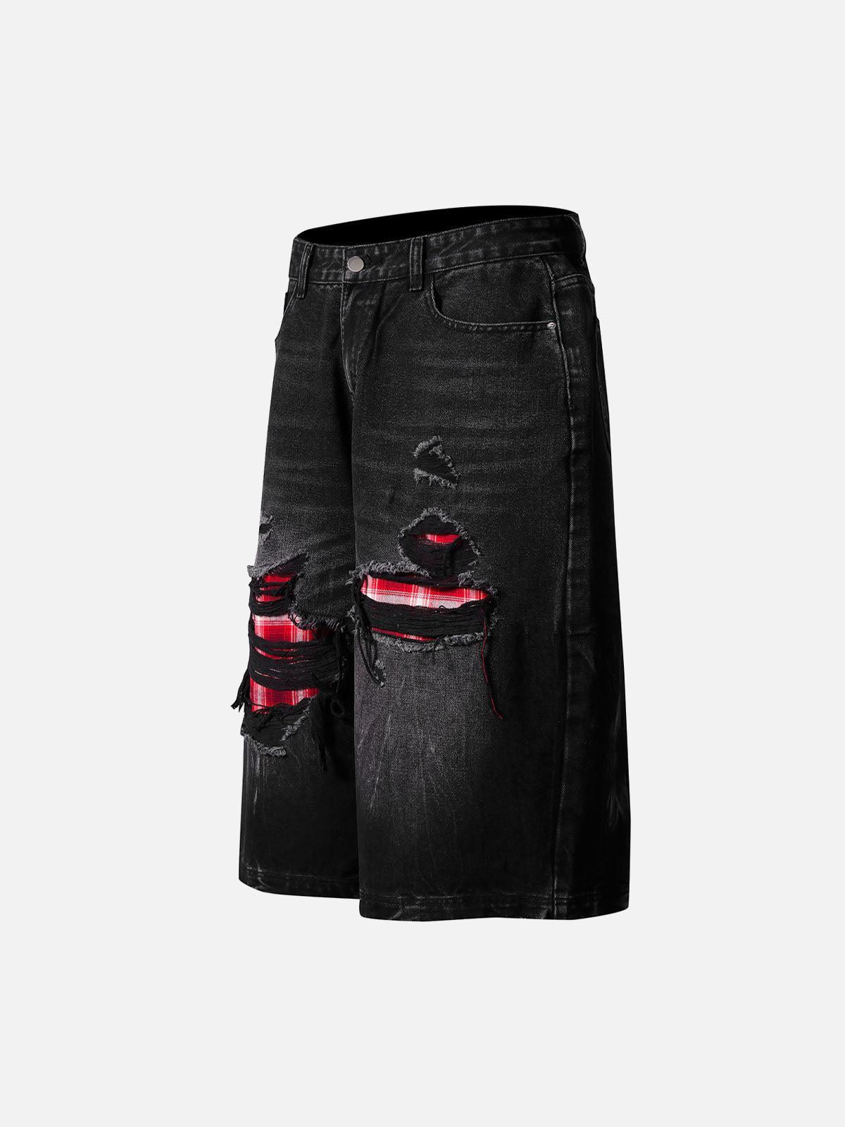 TALISHKO Retro Ripped Contrast Plaid Denim Shorts