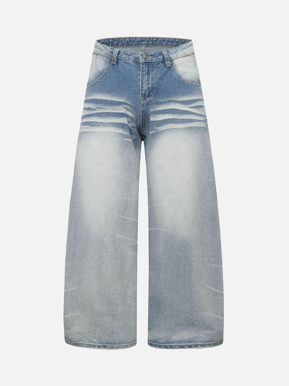 TALISHKO Distressed Washed Whisker Pleated Barrel Jeans
