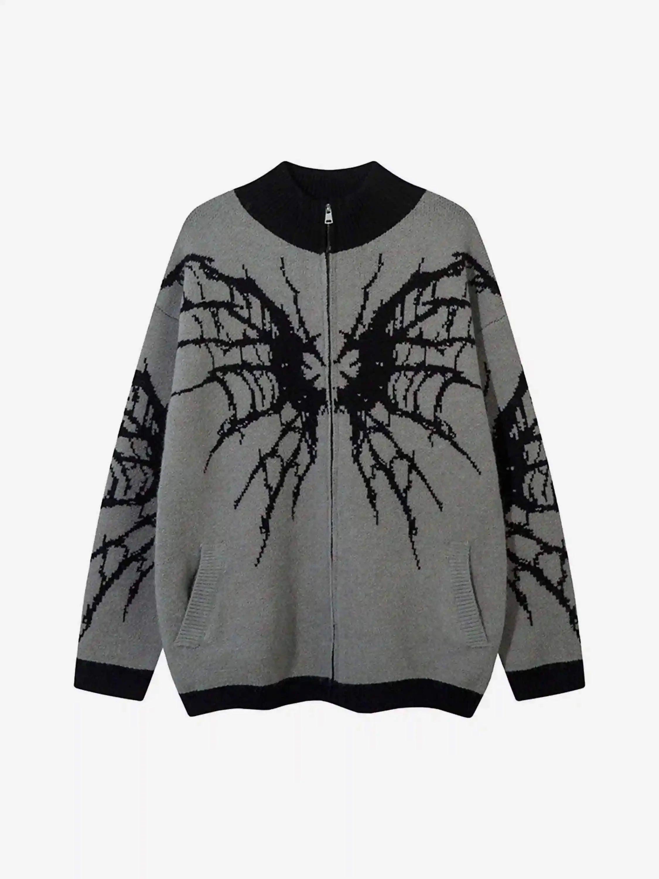 TALISHKO Dark Spider Web Zipper Stand Collar Cardigan