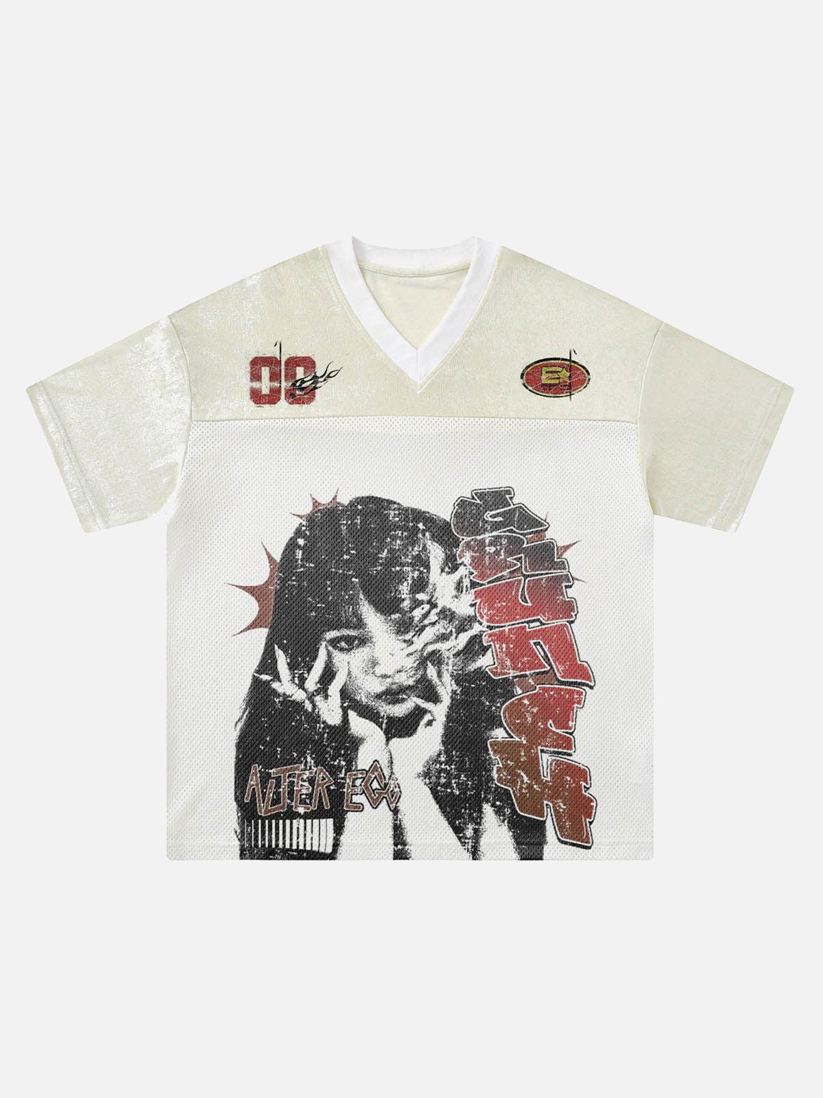 TALISHKO Street Stitching Mesh Character Print T-Shirt