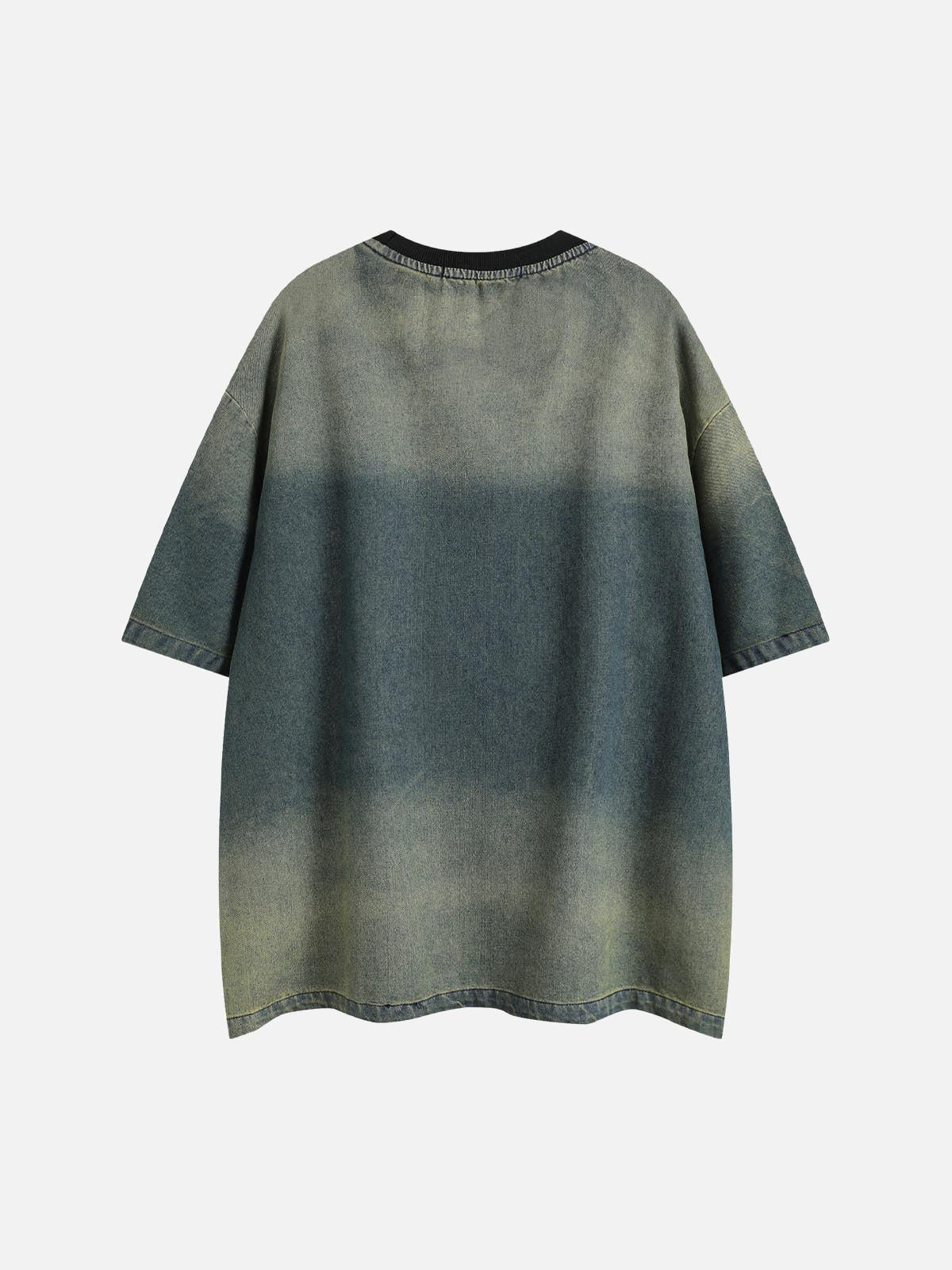 TALISHKO Distressed Washed Patchwork Gradient Denim T-Shirt