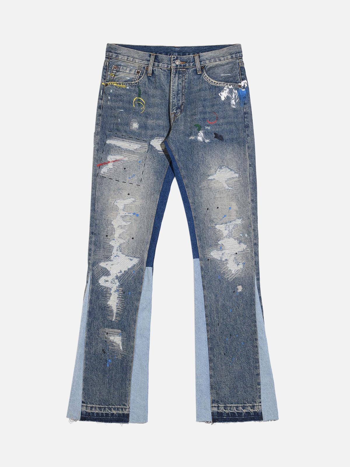 TALISHKO Splashing Ink Micro Horn Deconstruction Stitching Jeans