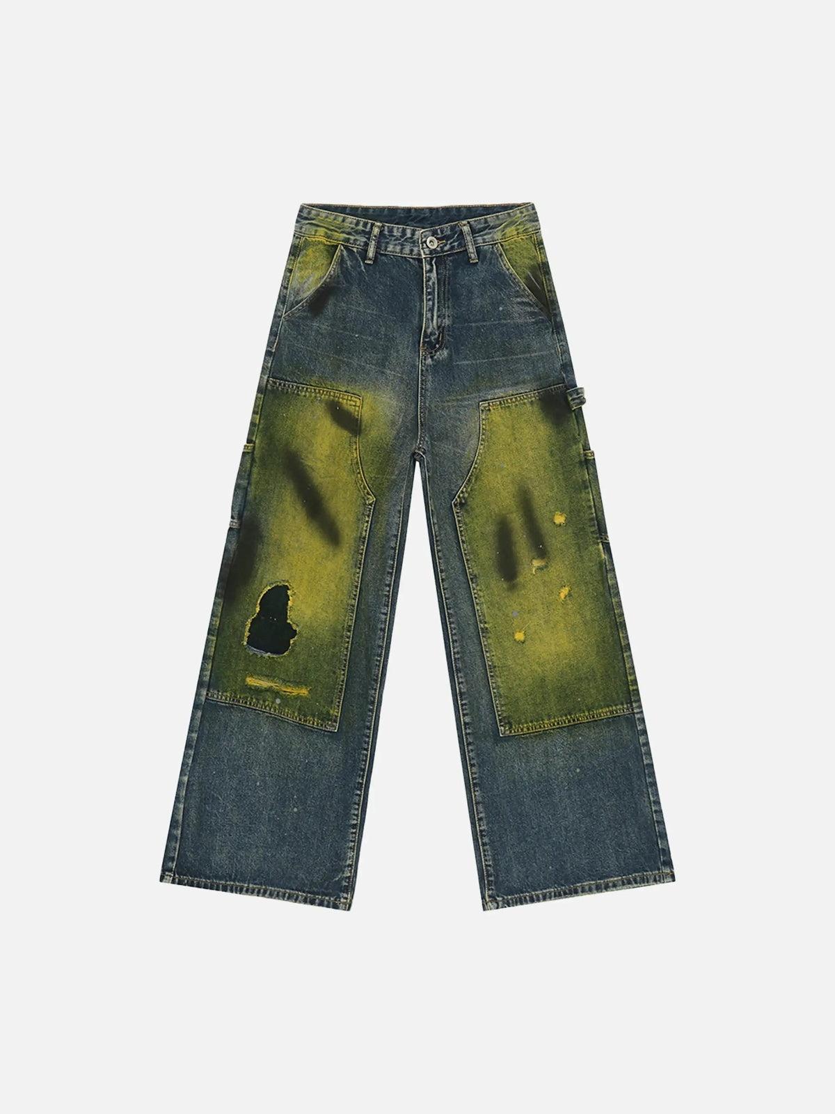 TALISHKO Vintage Spray-Painted Patch Ripped Jeans