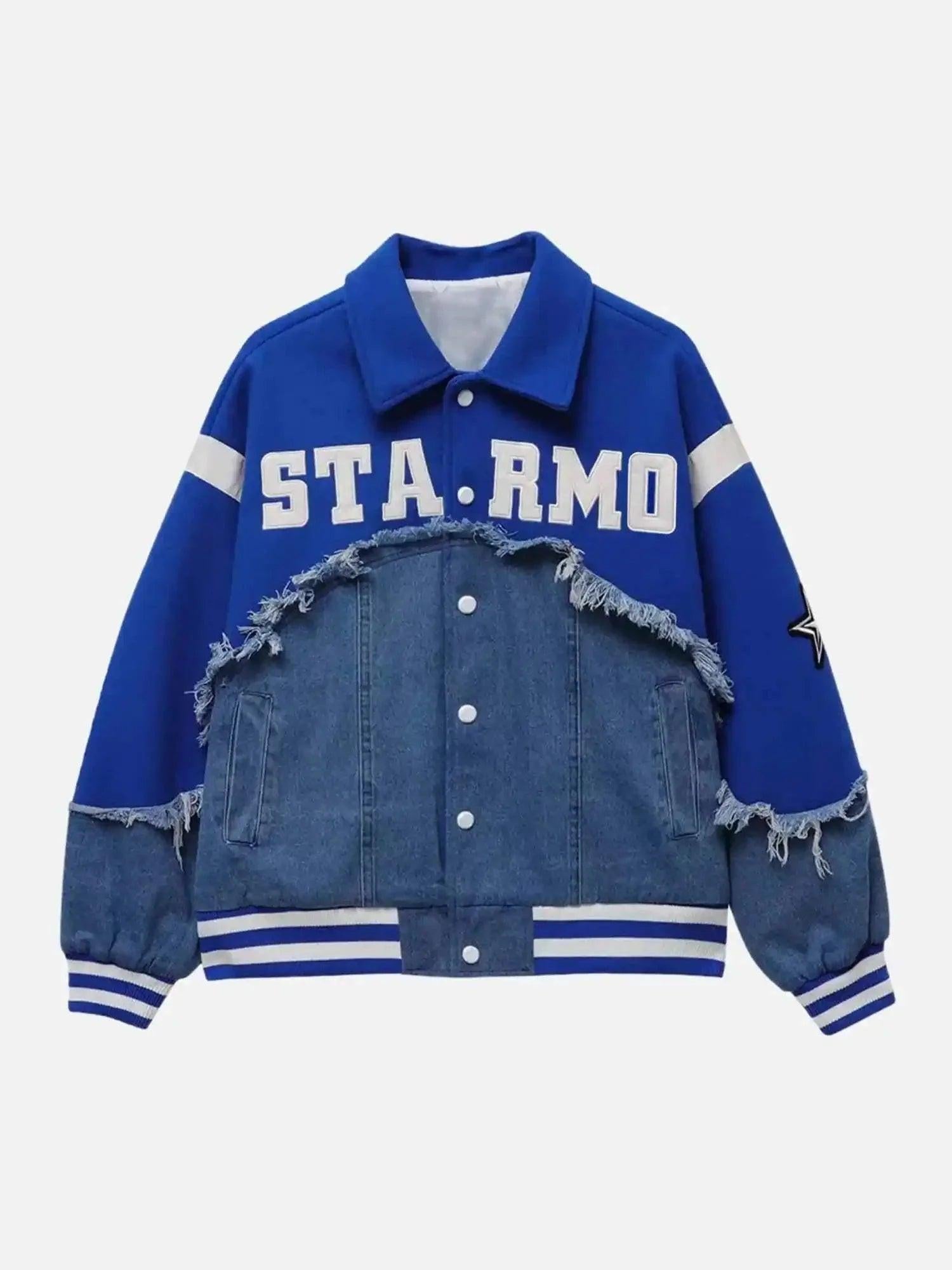 TALISHKO American High Street Denim Fabric Splicing Baseball Jacket