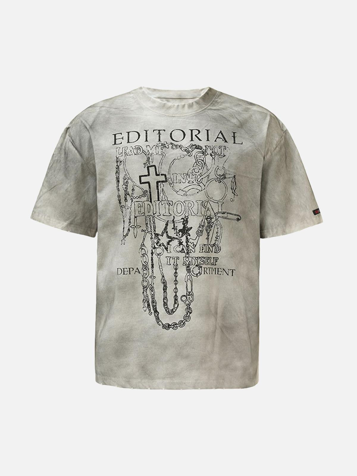 TALISHKO Mud-Dyed Dirty Spray Cross Print Street Rap T-Shirt