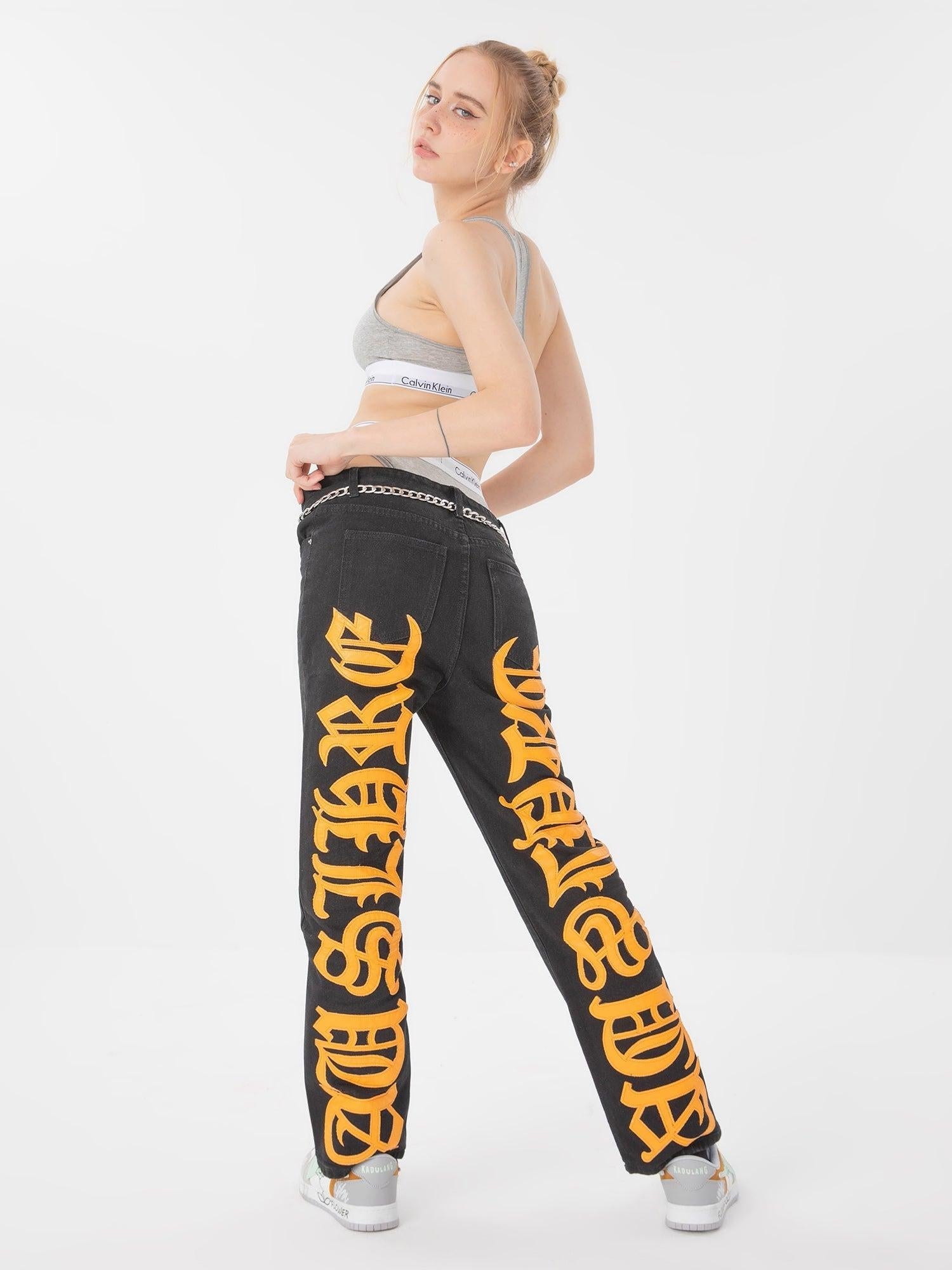 TALISHKO Burning Text Embroidered Letters Jeans