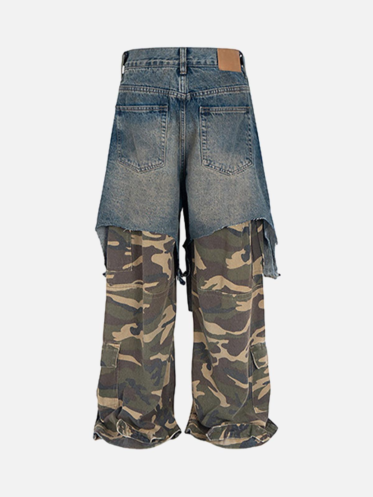 TALISHKO Retro Stitching Faux Two-Piece Camouflage Jeans