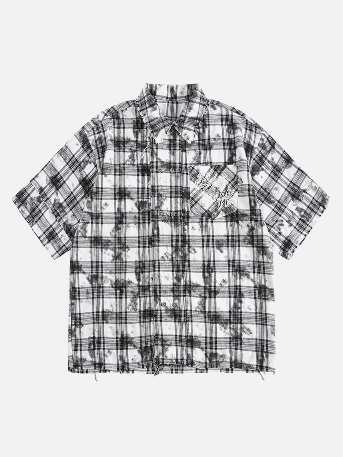 TALISHKO Distressed Plaid Lace Short-Sleeve Shirt