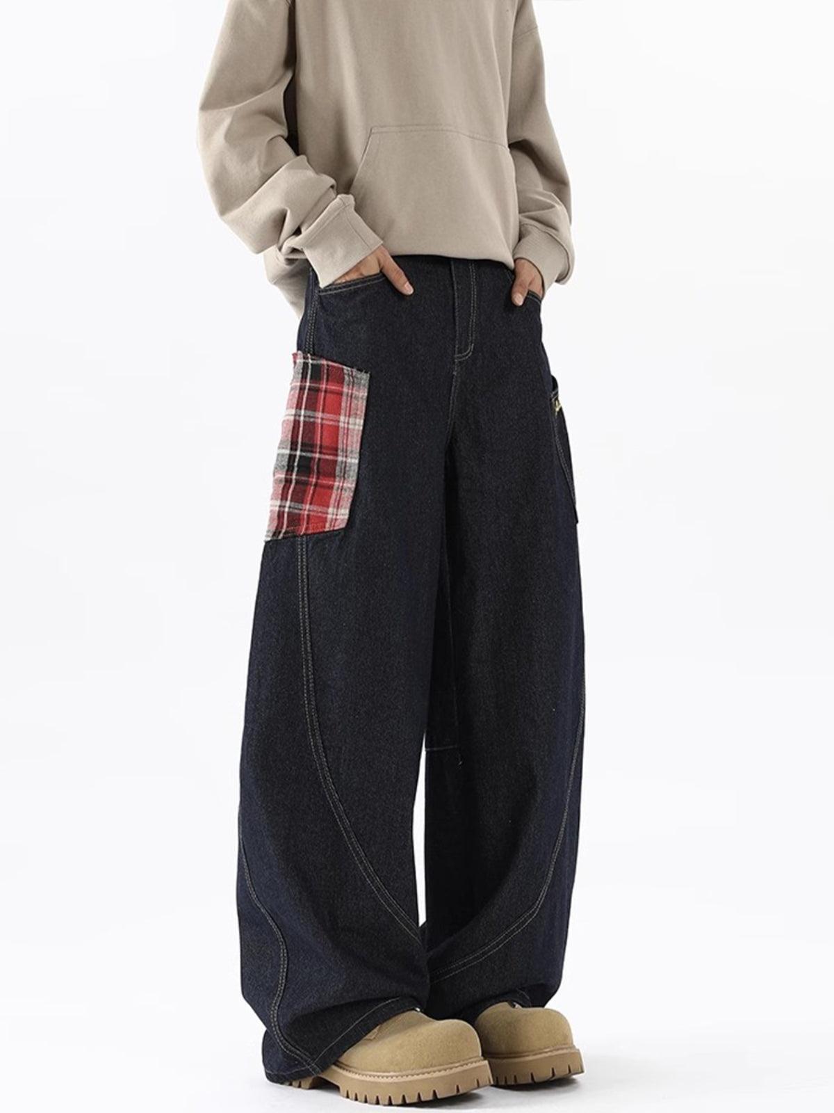 TALISHKO Plaid Pocket Barrel Loose Jeans