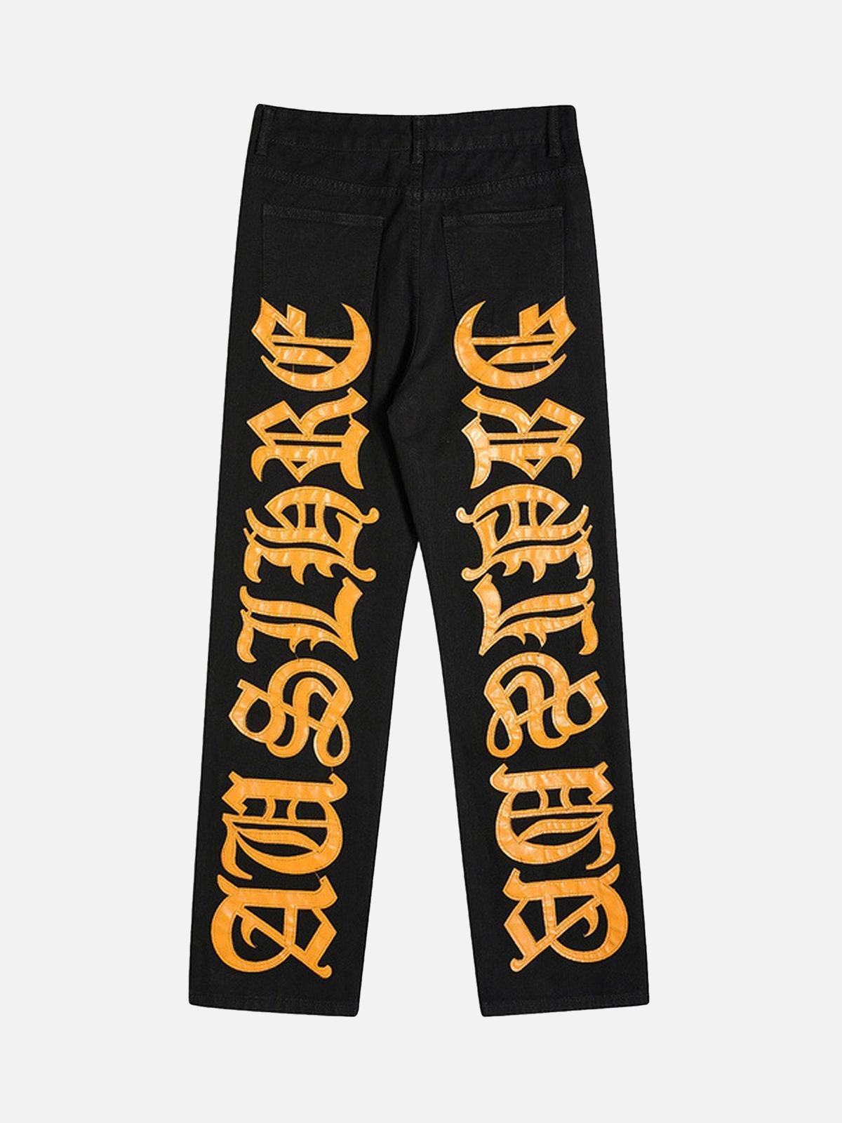 TALISHKO Burning Text Embroidered Letters Jeans