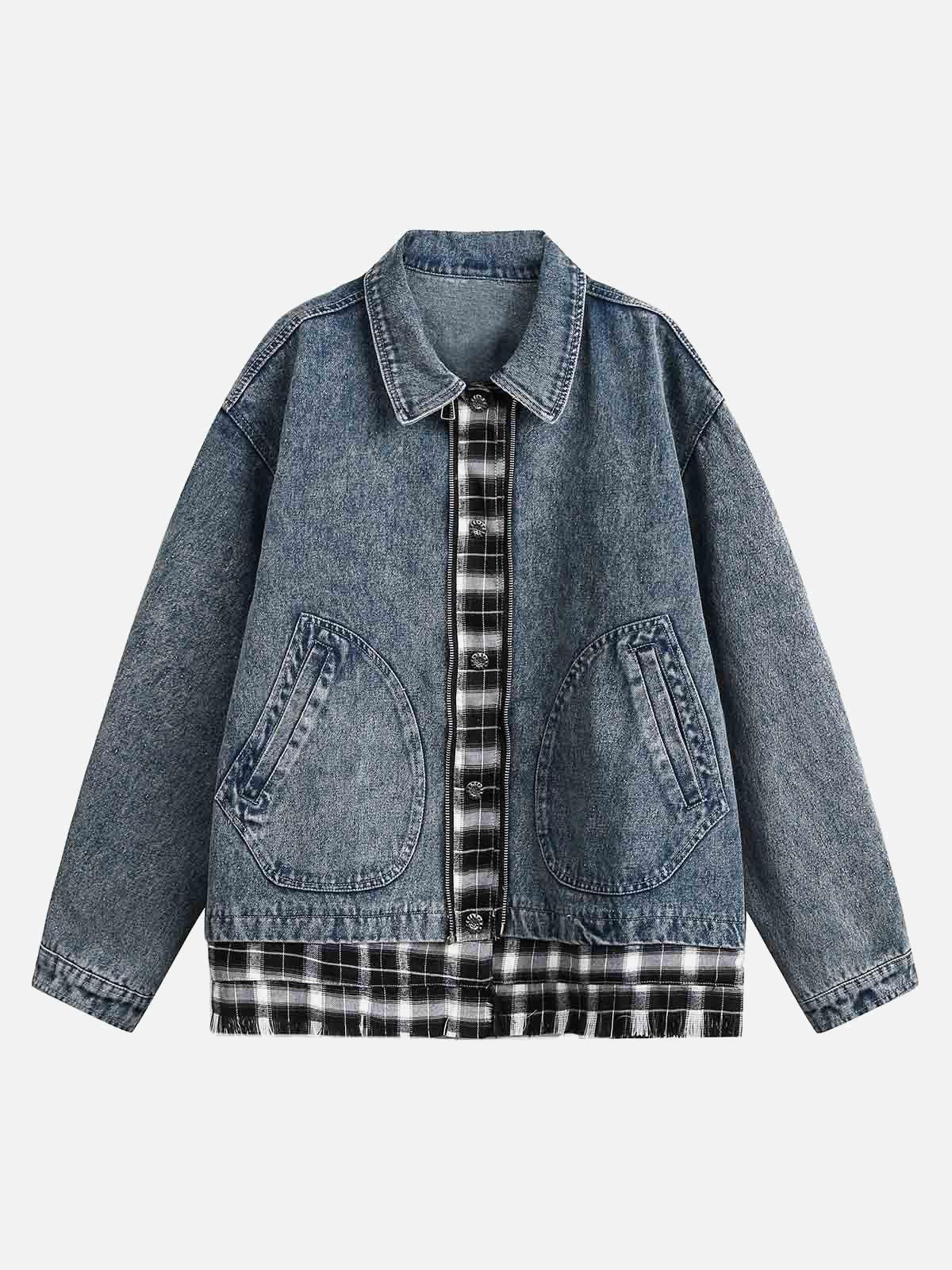 TALISHKO Washed Distressed Patchwork Faux Two-Piece Denim Jacket