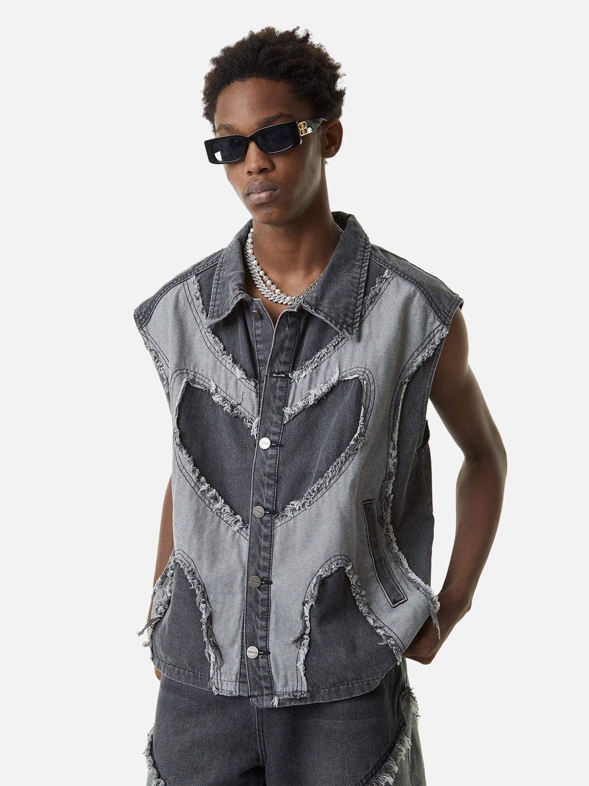 TALISHKO Contrast Denim Heart Stitching Street Rap Vest