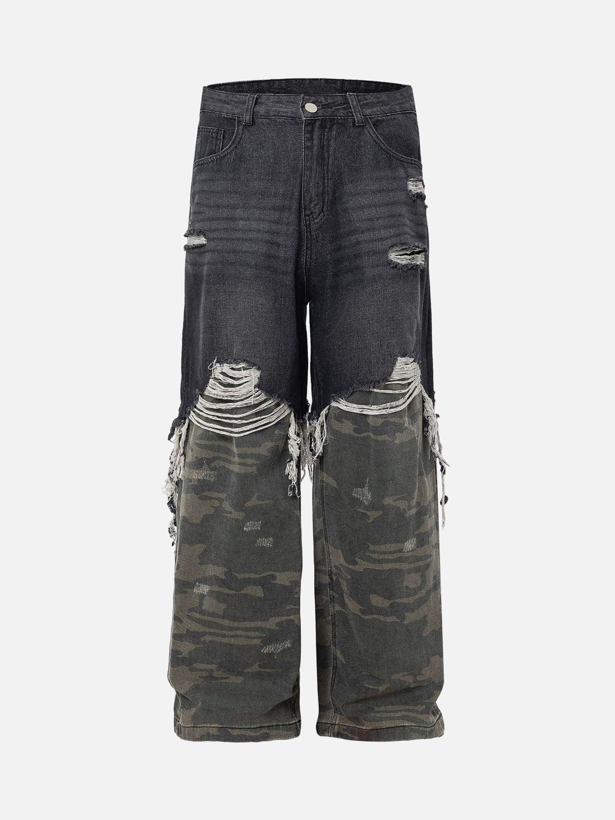 TALISHKO Washed Distressed Stitching Camouflage Straight Jeans