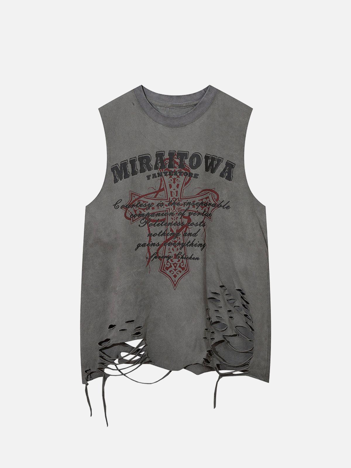 TALISHKO Distressed Ripped Graphic Cross Print Vest