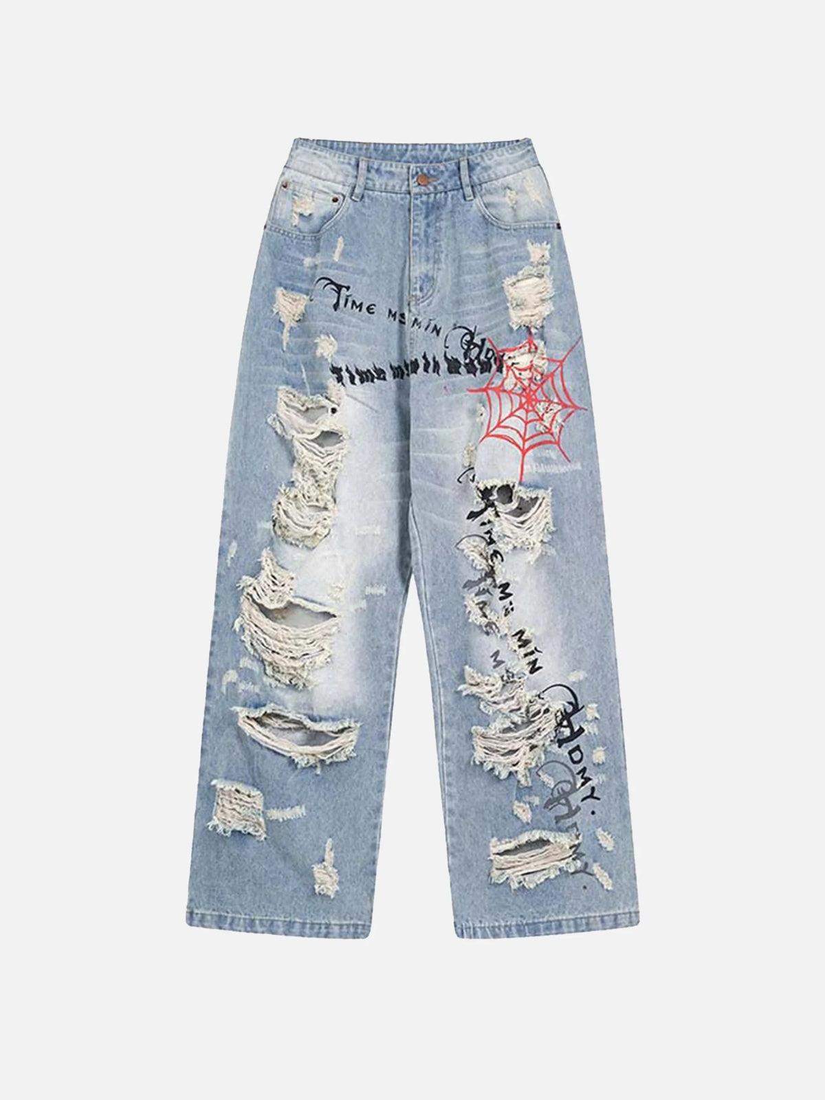 TALISHKO Distressed Spider Letter Print Jeans
