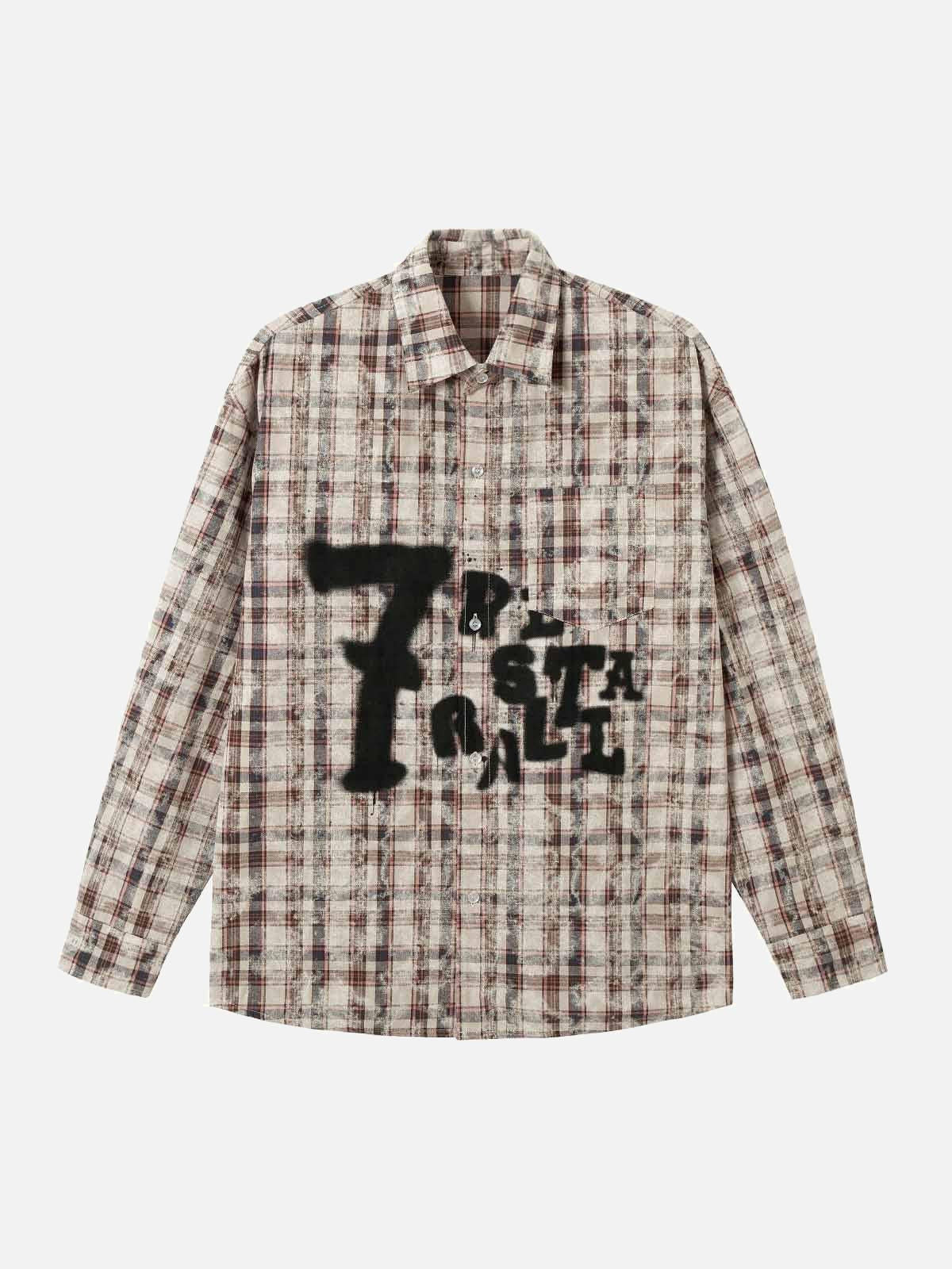 TALISHKO Plaid Graffiti Spray-Painted Letters Long Sleeve Shirt