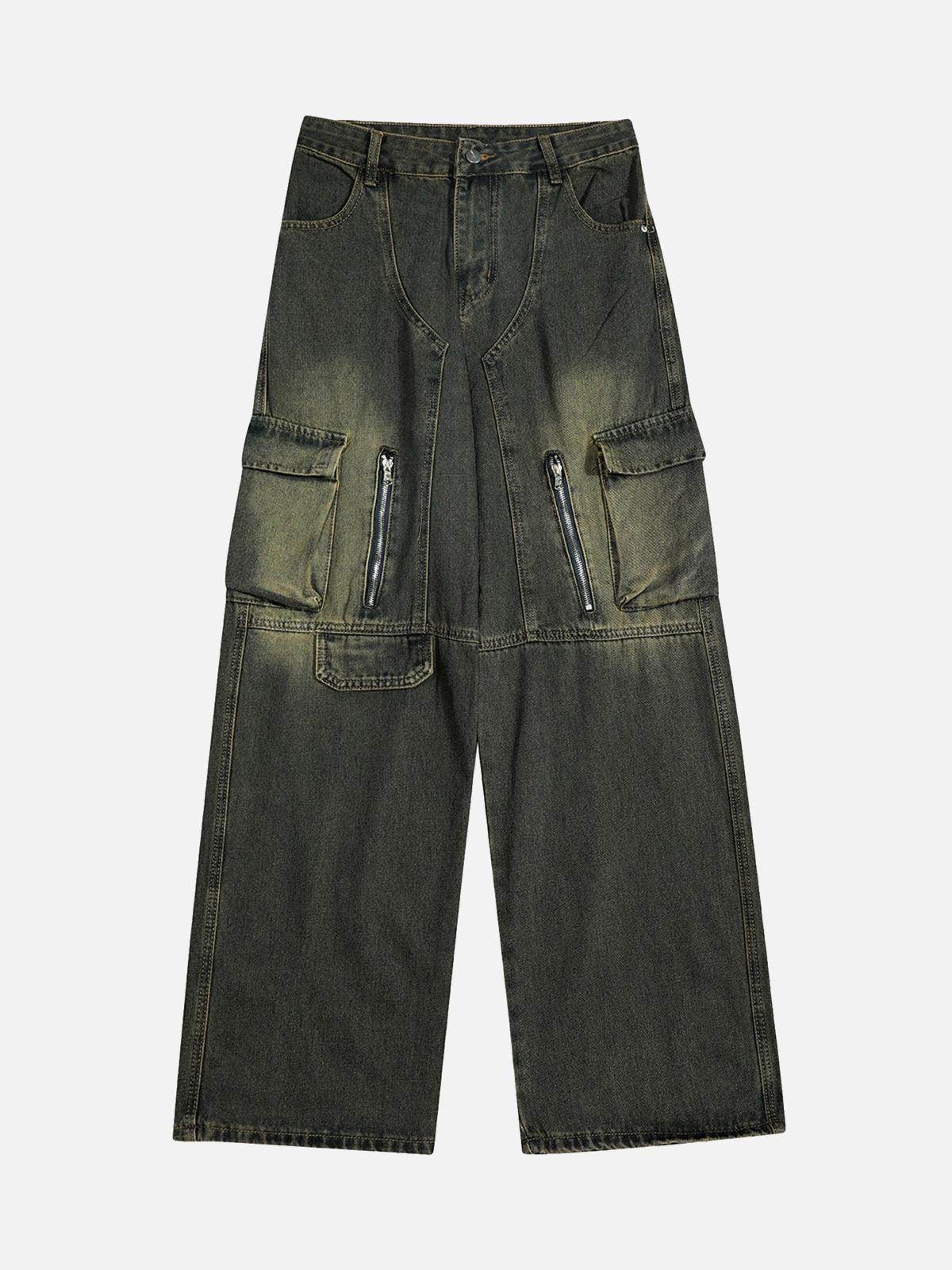 TALISHKO American Distressed Retro Multi-Pocket Workwear Washed Jeans