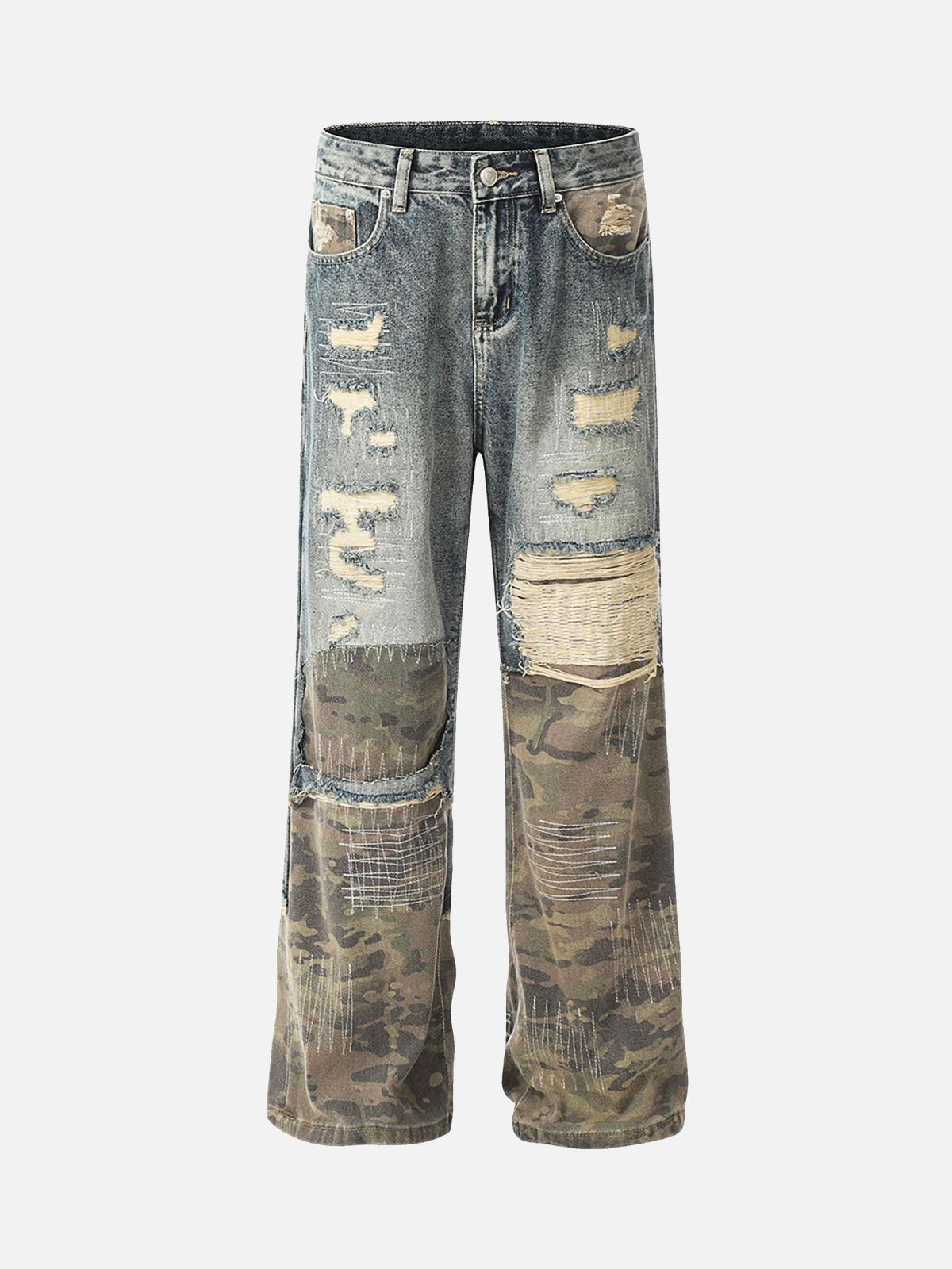 TALISHKO Ripped Camouflage Patchwork Baggy Jeans