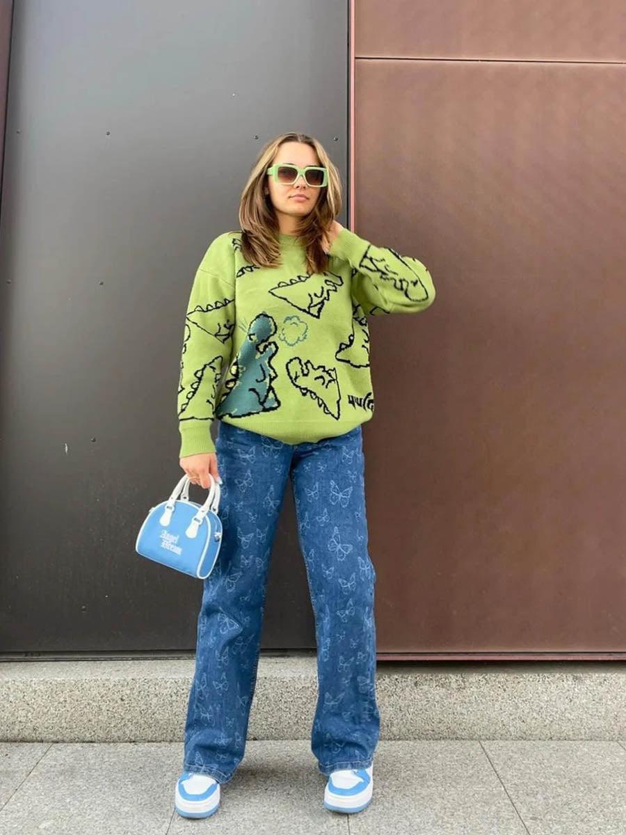 TALISHKO Cartoon Dinosaur Printed Sweater