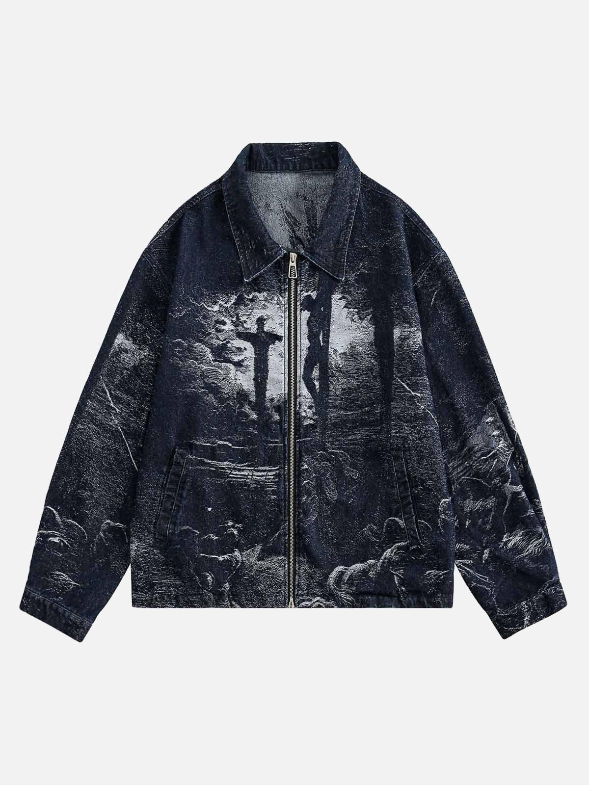 TALISHKO Cross Jacquard Zip Up Denim Jacket