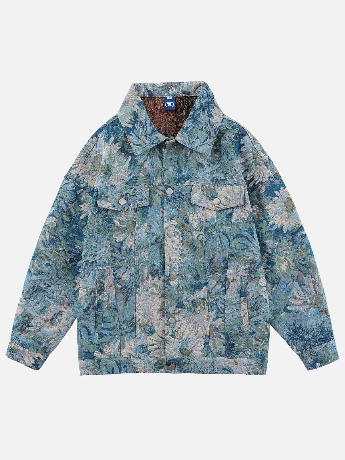 TALISHKO Oil Painting Jacquard Flower Denim Jacket