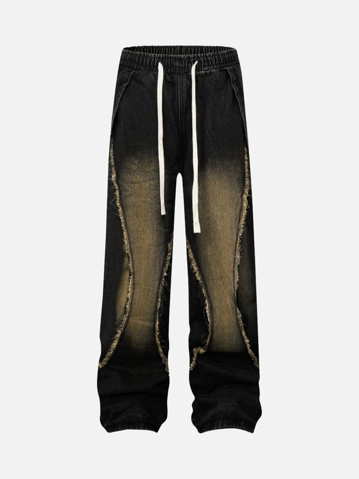 TALISHKO Washed Distressed Raw Edge Drawstring Jeans