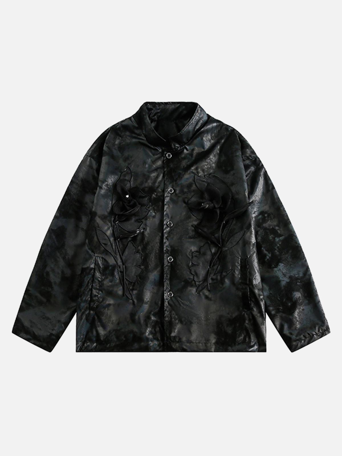 TALISHKO Floral Stand Collar Leather Jacket