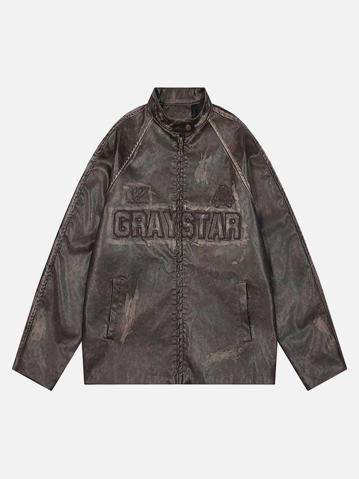 TALISHKO Distressed Letter Embroidery Motorcycle PU Leather Jacket
