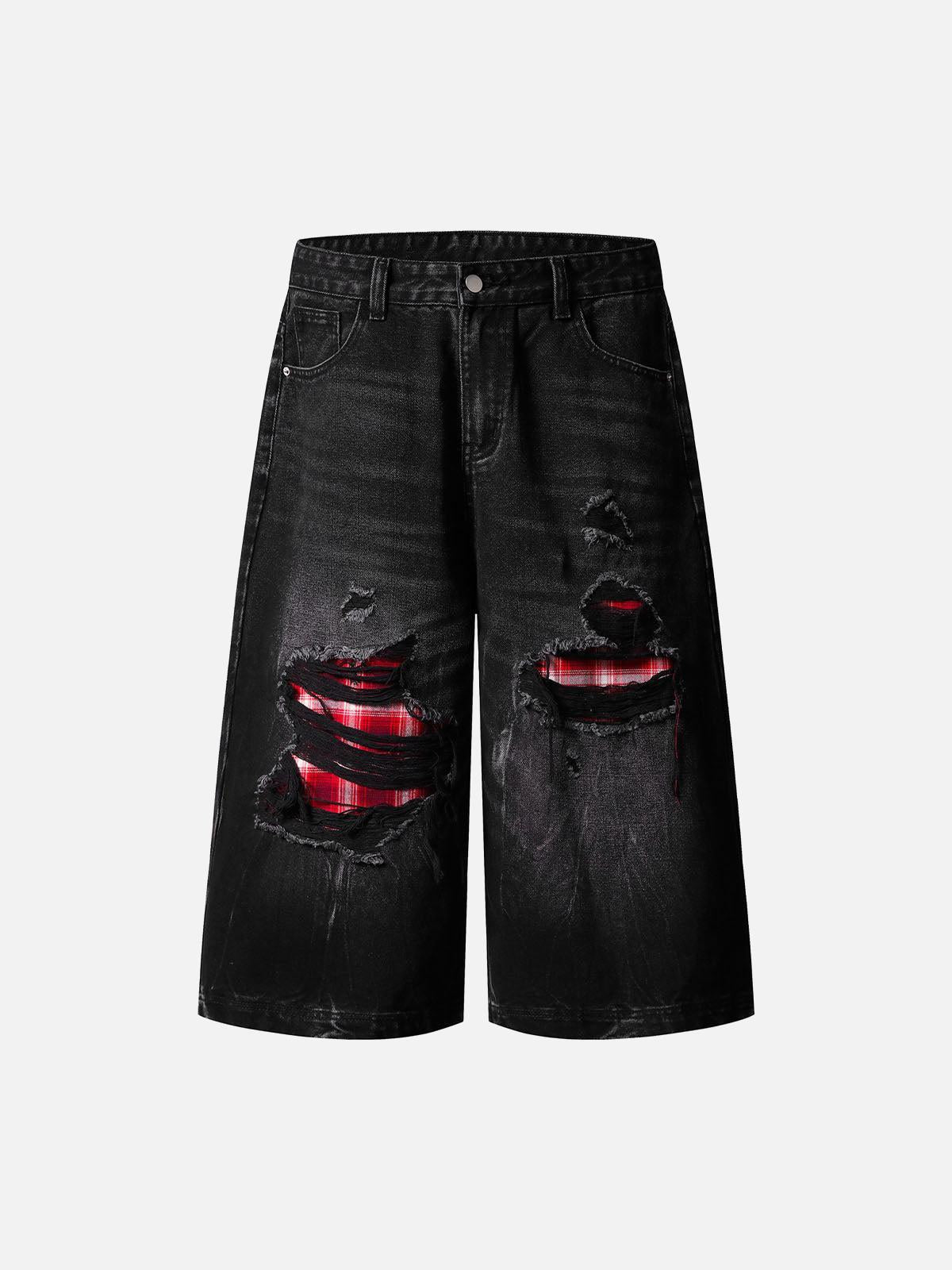 TALISHKO Retro Ripped Contrast Plaid Denim Shorts