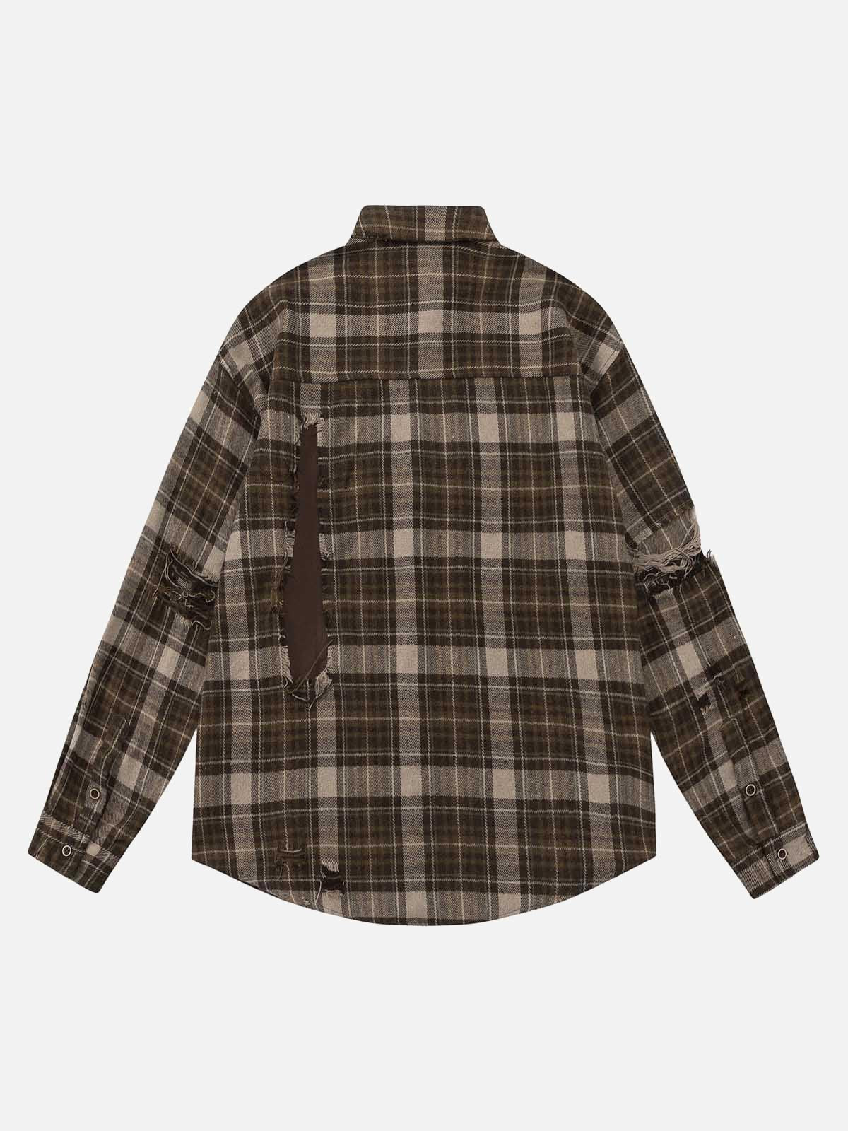 TALISHKO Retro Ripped Patchwork Long Sleeve Plaid Shirt
