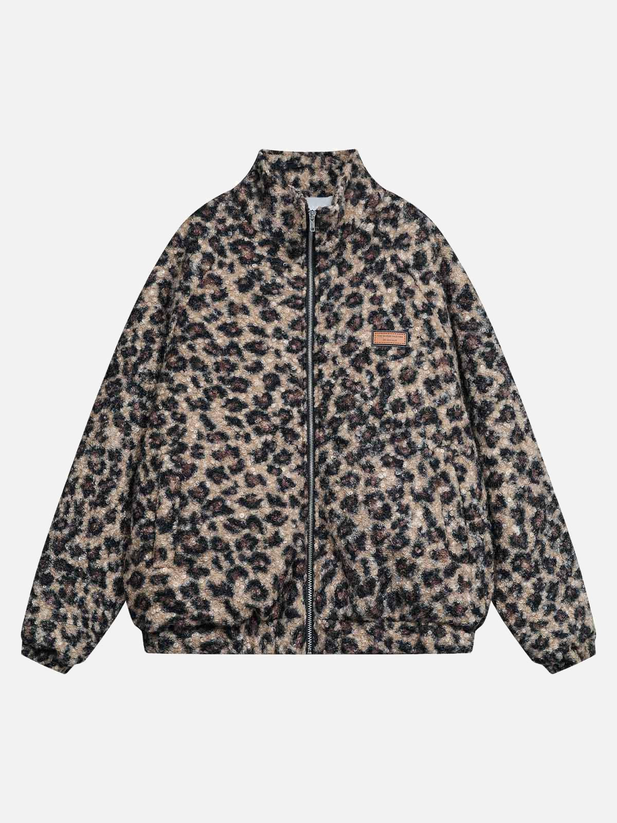 TALISHKO Stand Collar Cheetah Print Fleece Jacket