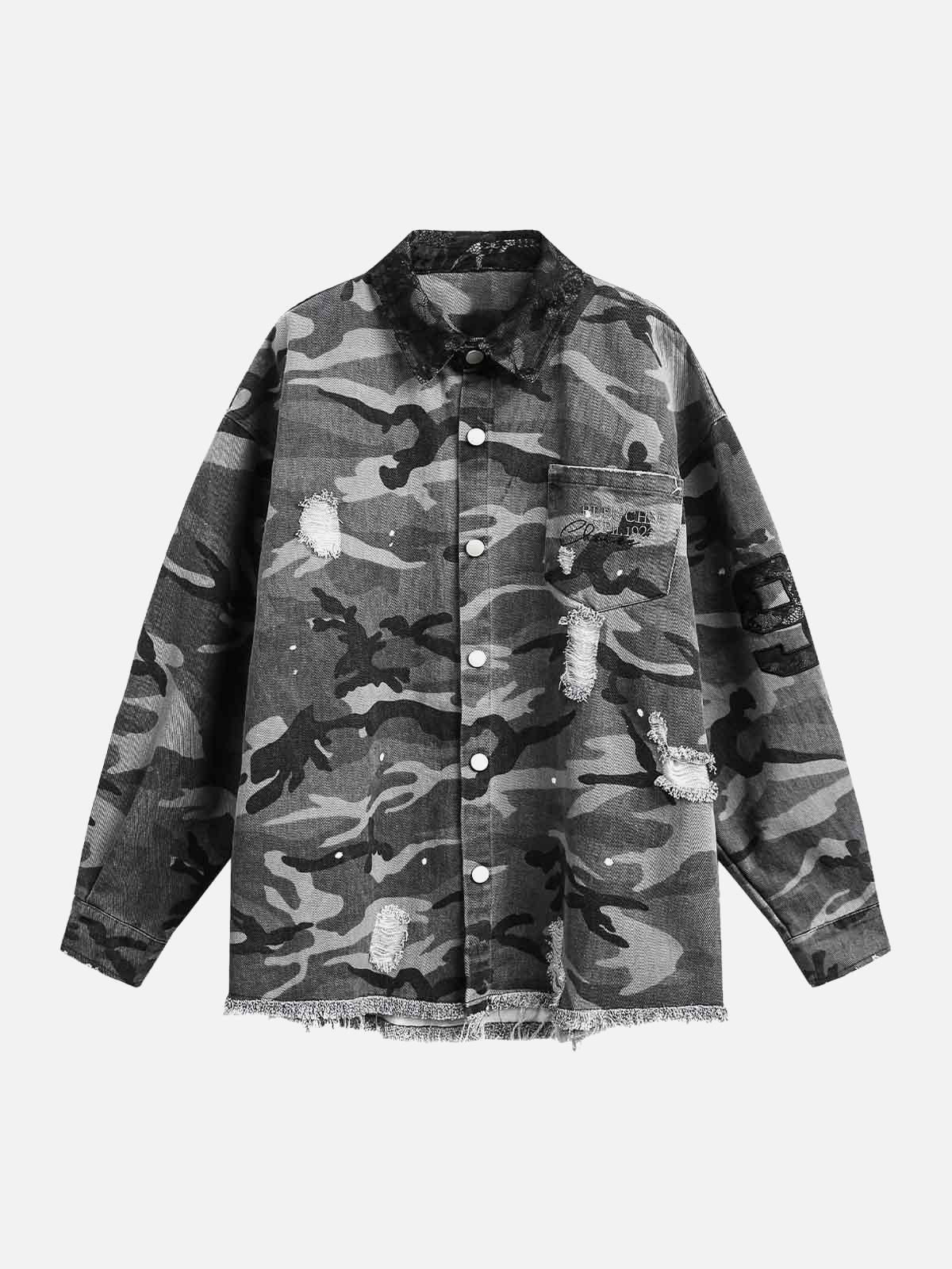 TALISHKO Camouflage Ripped Lace Denim Shirt
