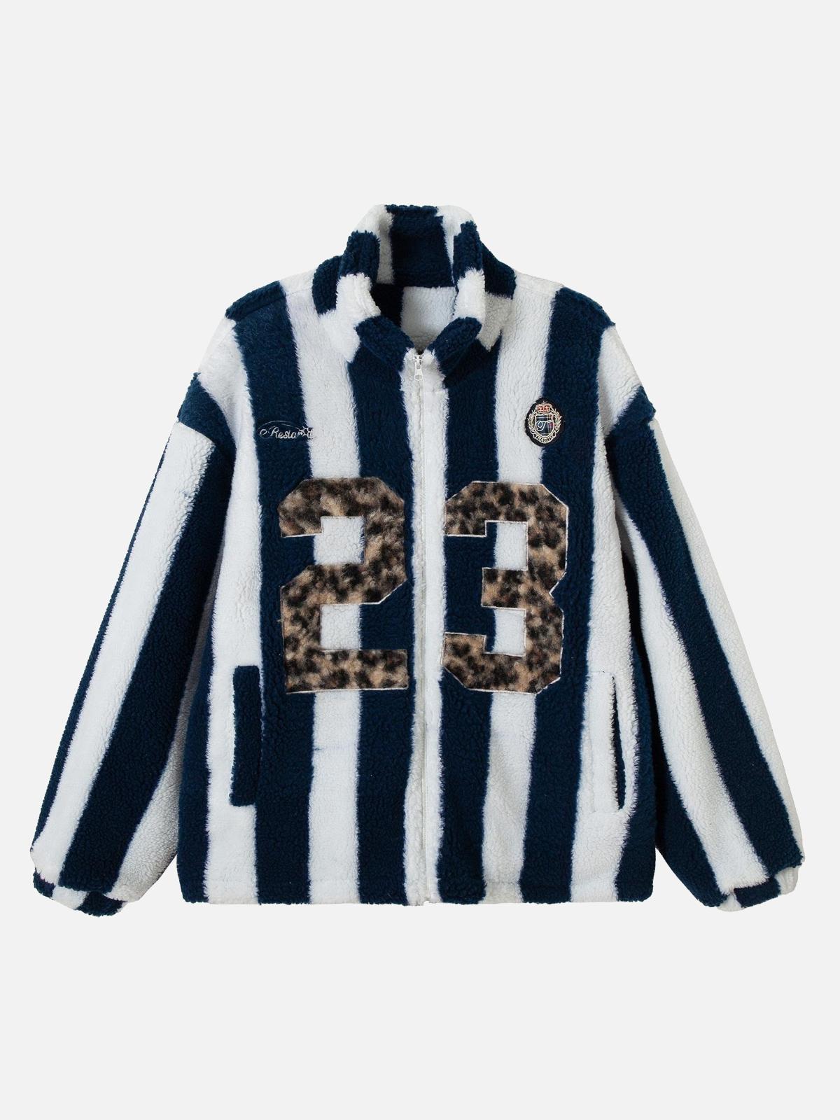 TALISHKO Jersey Embroidered Cheetah Print Striped Sherpa Jacket