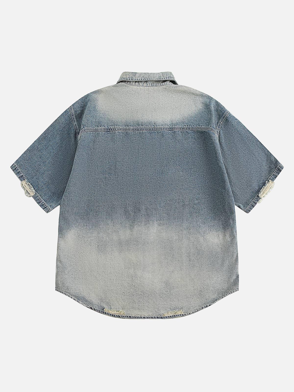 TALISHKO Ripped Embroidered Floral Denim Shirt