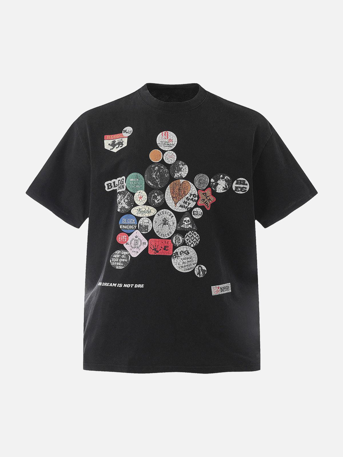 TALISHKO Badge Print Distressed Short Sleeve T-Shirt