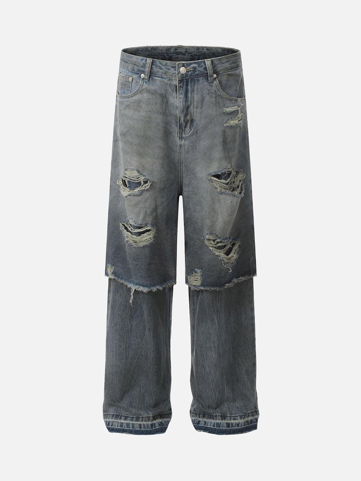 TALISHKO Retro Distressed Faux Two-Piece Ripped Jeans
