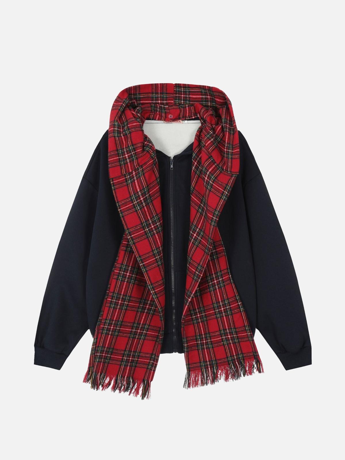 TALISHKO Fake Two Piece Plaid Scarf Hoodie