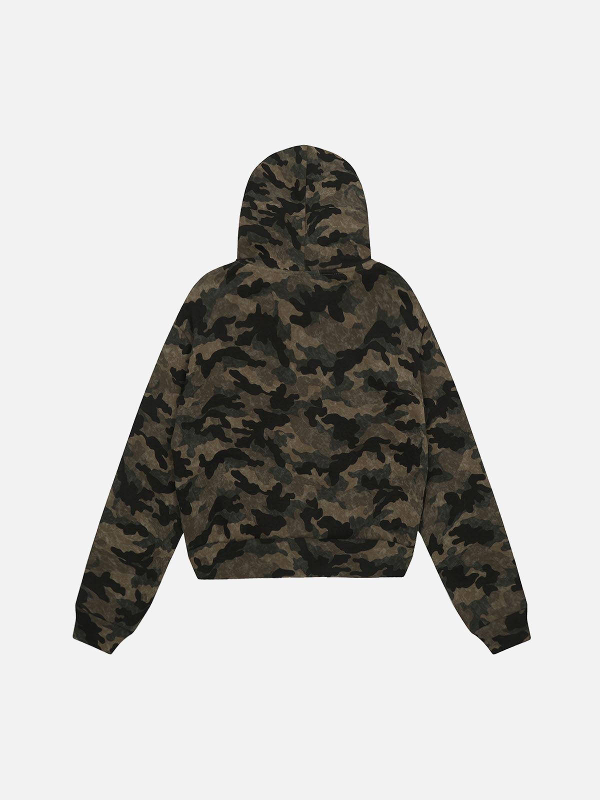 TALISHKO Hotfix Rhinestones Camouflage Fur Hooded Fleece Jacket