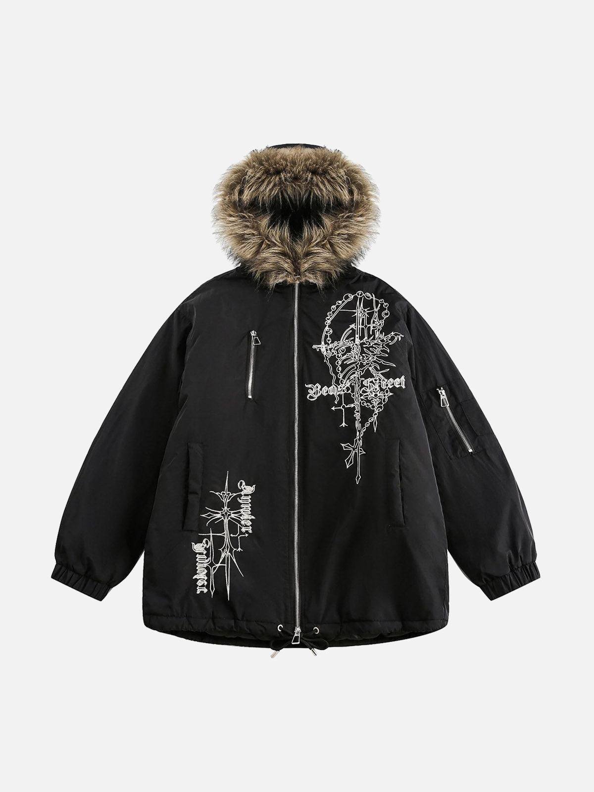 TALISHKO Embroidered Fur Hooded Quilted Jacket