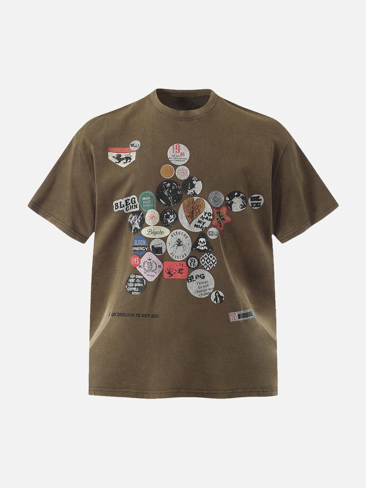 TALISHKO Badge Print Distressed Short Sleeve T-Shirt