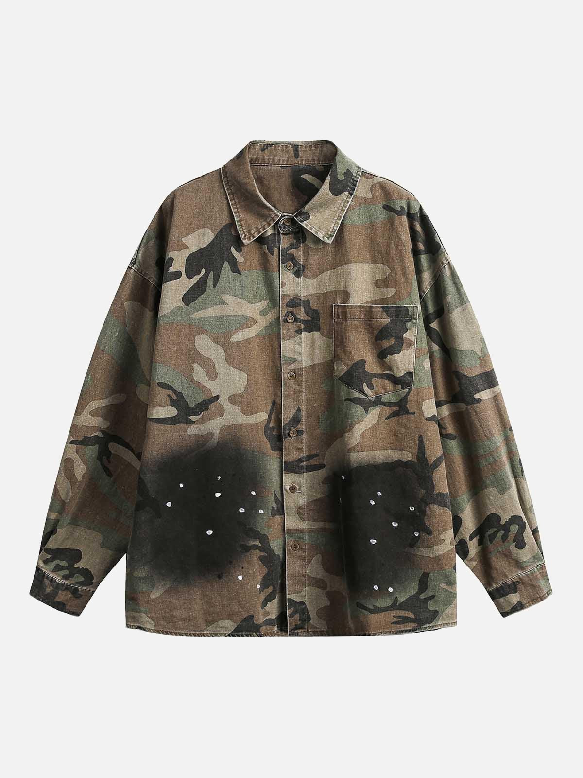 TALISHKO Camouflage Washed Distressed Denim Shirt