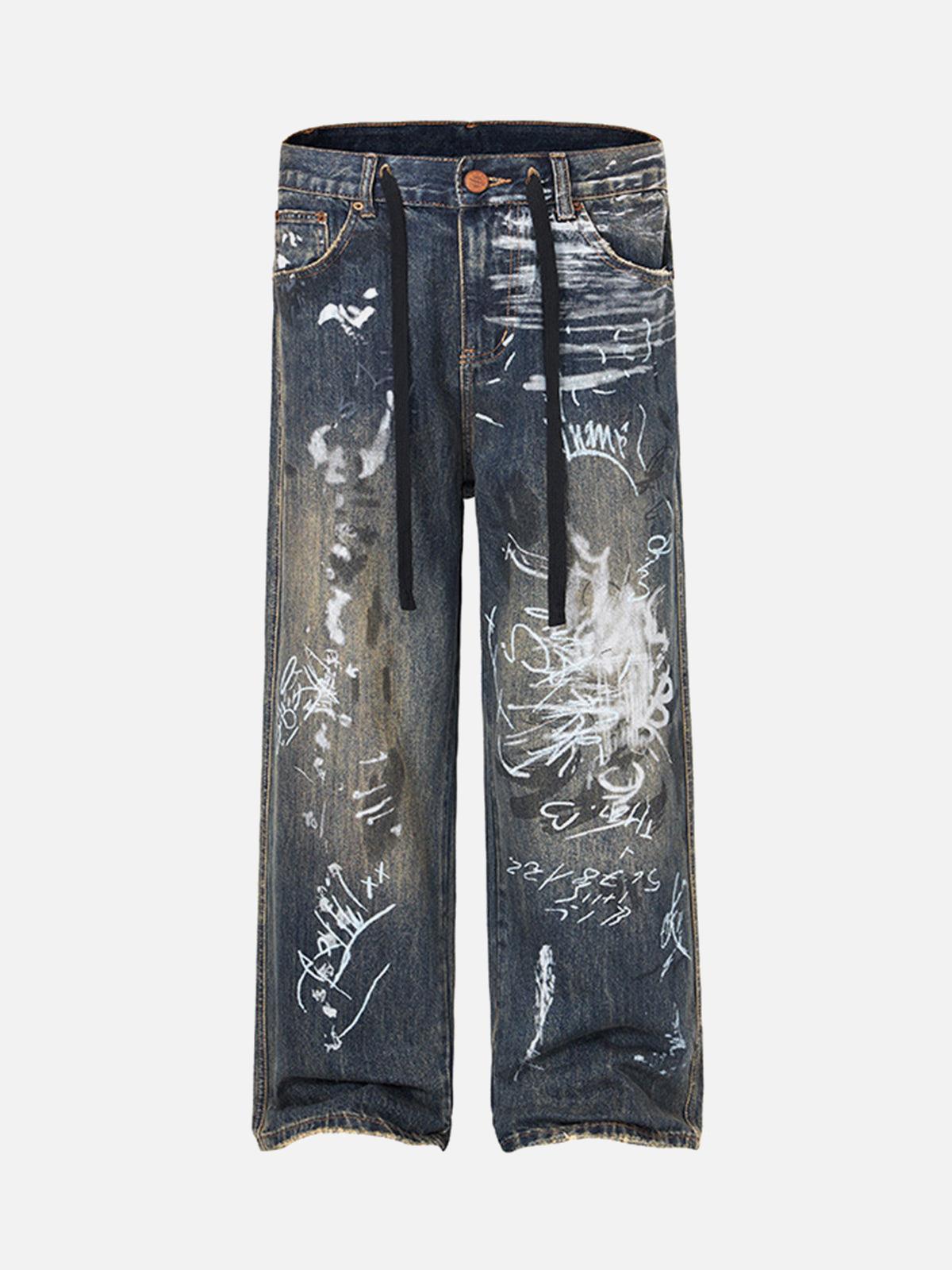 TALISHKO Print Hand-Painted Graffiti Drawstring Baggy Jeans